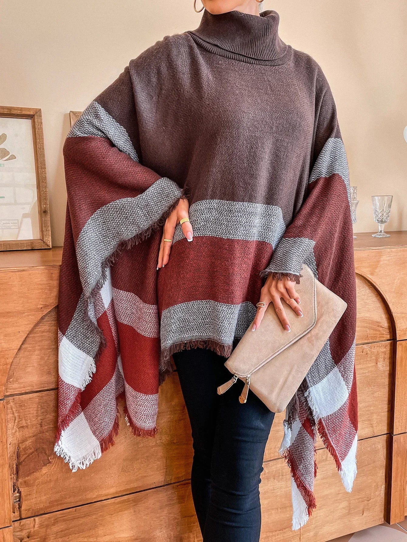 New Women Autumn Winter Striped Knitted Poncho Shawl Sweater Overcoat Streetwear Thick Warm High Neck Loose Knitwear Long Coat