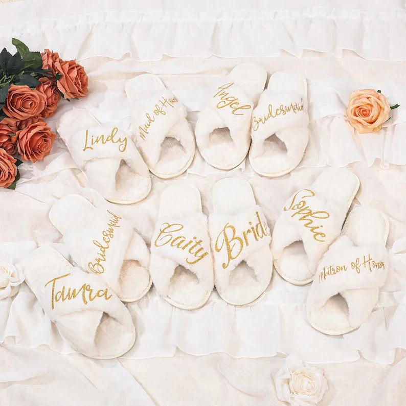 Personalized Bridesmaid Fluffy Slippers, Custom Bride Slippers, Bridal Slippers, Bridal Party Gifts Wedding Gift for Her