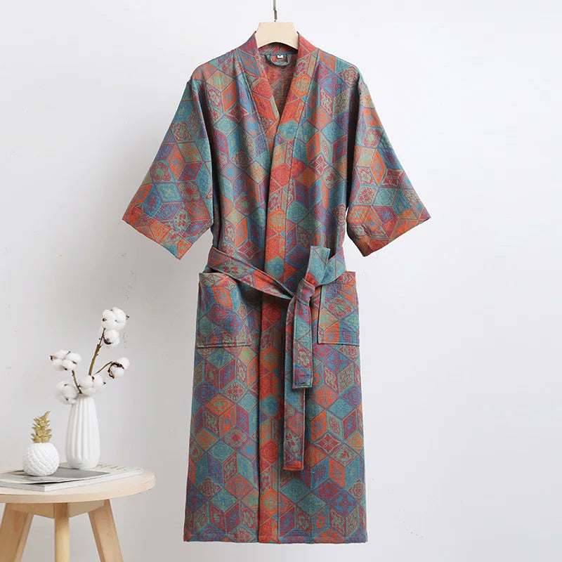 Double Layer Cotton Gauze Long Robe Retro Jacquard Kimono Bathrobe Gown Spring Summer Sleepwear Couple Pijama Loose Lingerie