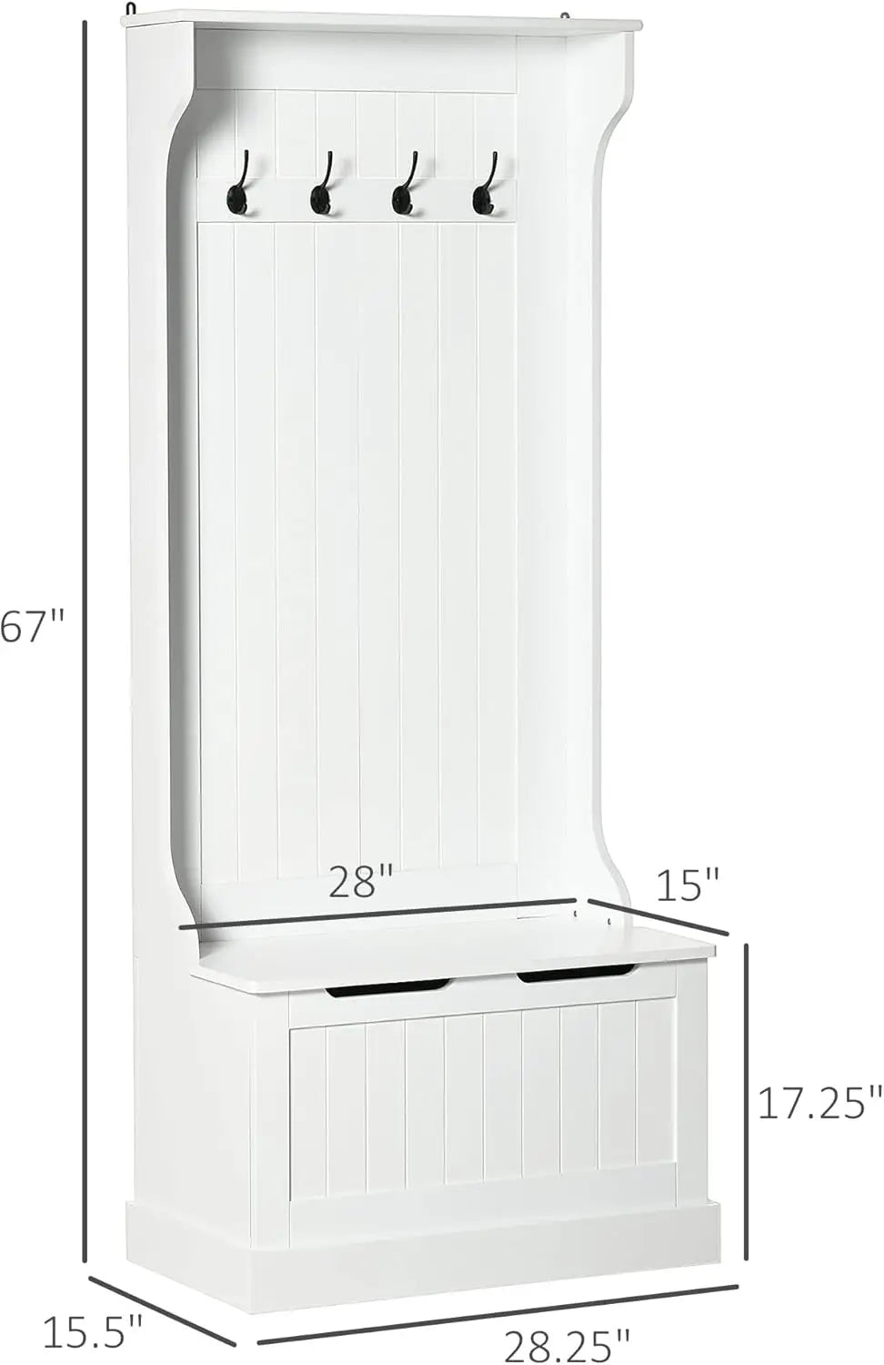 Hall Tree with Bench and Shoe Storage, 3-In-1 Entryway Bench with Coat Rack, 4 Hooks and Flip Top Storage Compartment, White
