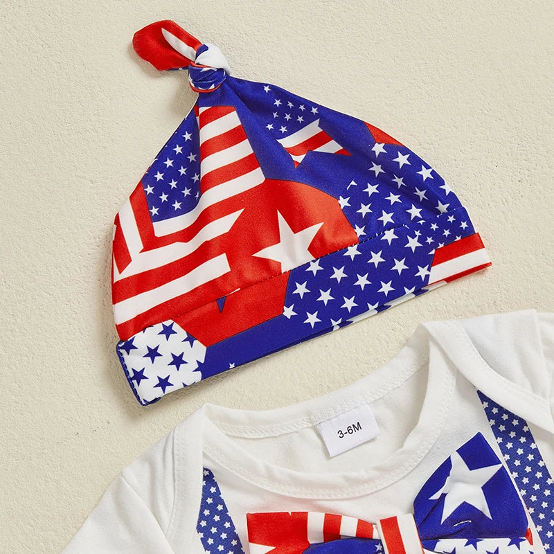 Baby Boys Patriotic Outfit Short Sleeve Jumpsuit and Elastic Star Stripe Shorts and Hat Set 3 Piece Clothes Set