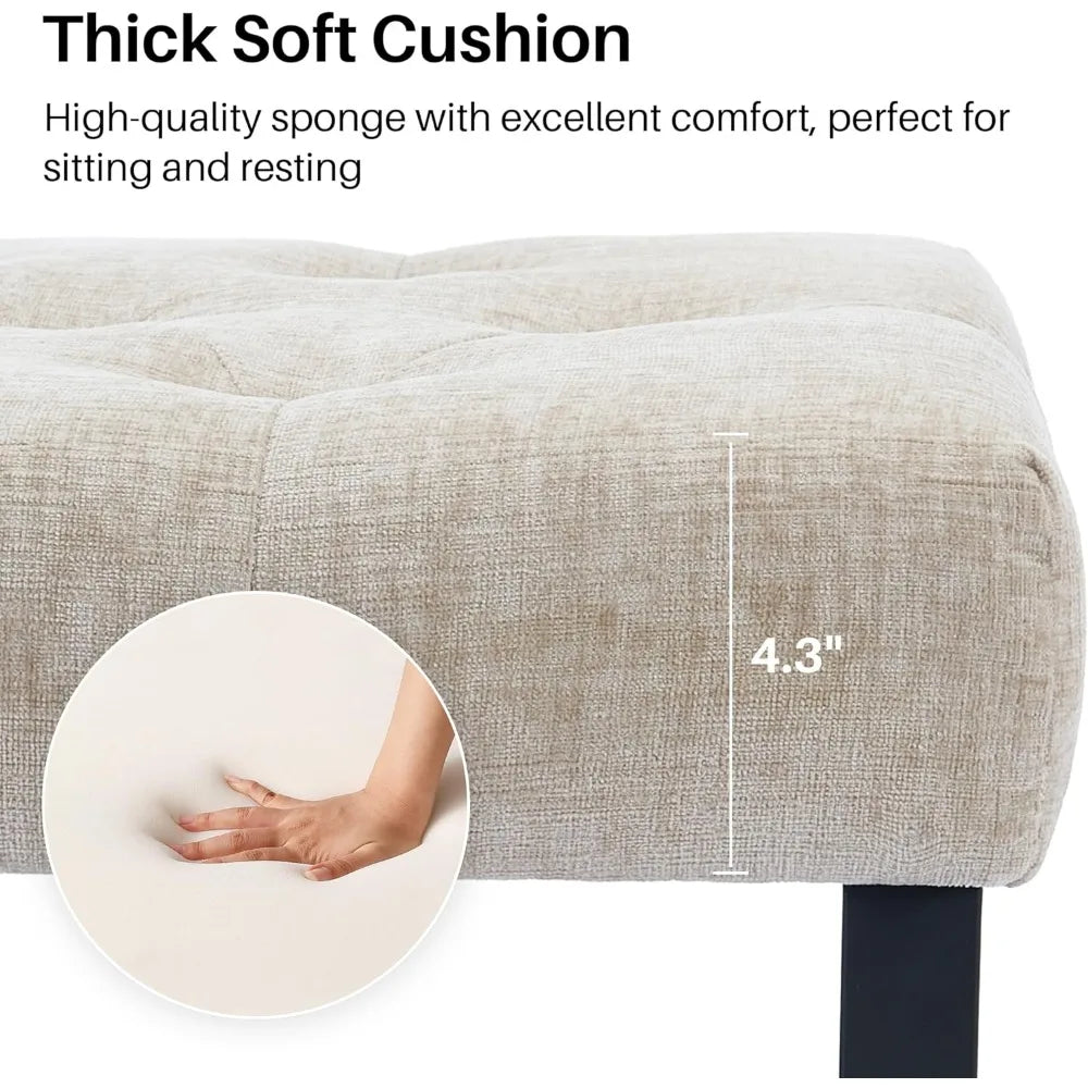 55.5" End of Bed Bench, Modern Chenille Button Tufted Bedroom Bench, Upholstered Storage Shoe Bench with Metal Base, Dinning Tab