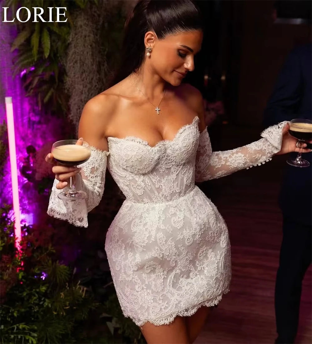 LORIE Sexy Short Lace Wedding Dresses Strapless Mermaid Full Sleeves Mini Bride Prom Gown 2025 Romantic Bridal Gowns Customized