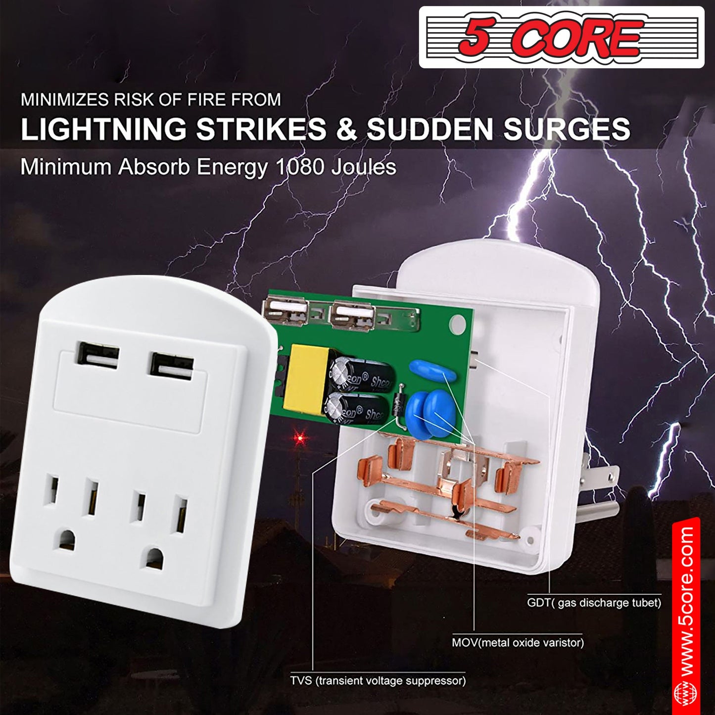 5 Core Travel Plug Adapter European International Power Plug w/ 2 USB,