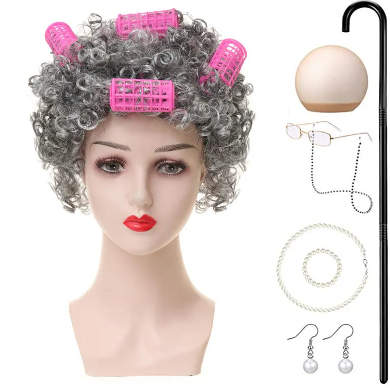 Halloween Granny Granny Grey Wig Grandpa Hair Granny Chartered Woman Curling Iron Wig Set