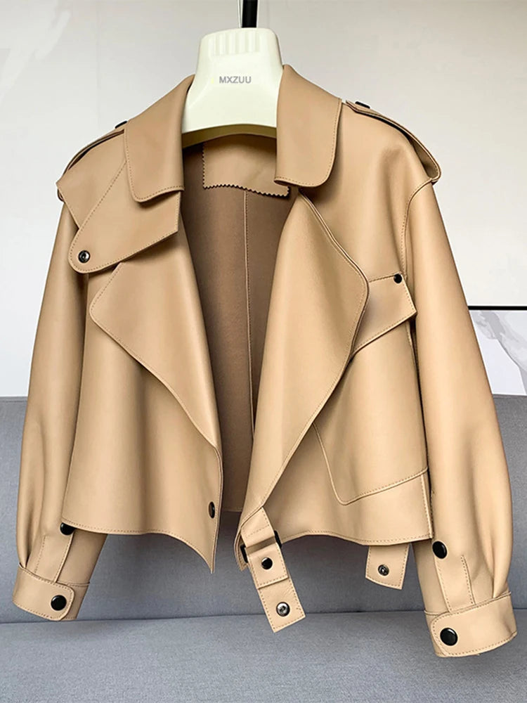 Women's Sheepskin Coat Plus Size Short Loose Veste Femme Large Lapel Pocket Gray/Dark Green/Pink/Khaki Locomotive Leather Jacket