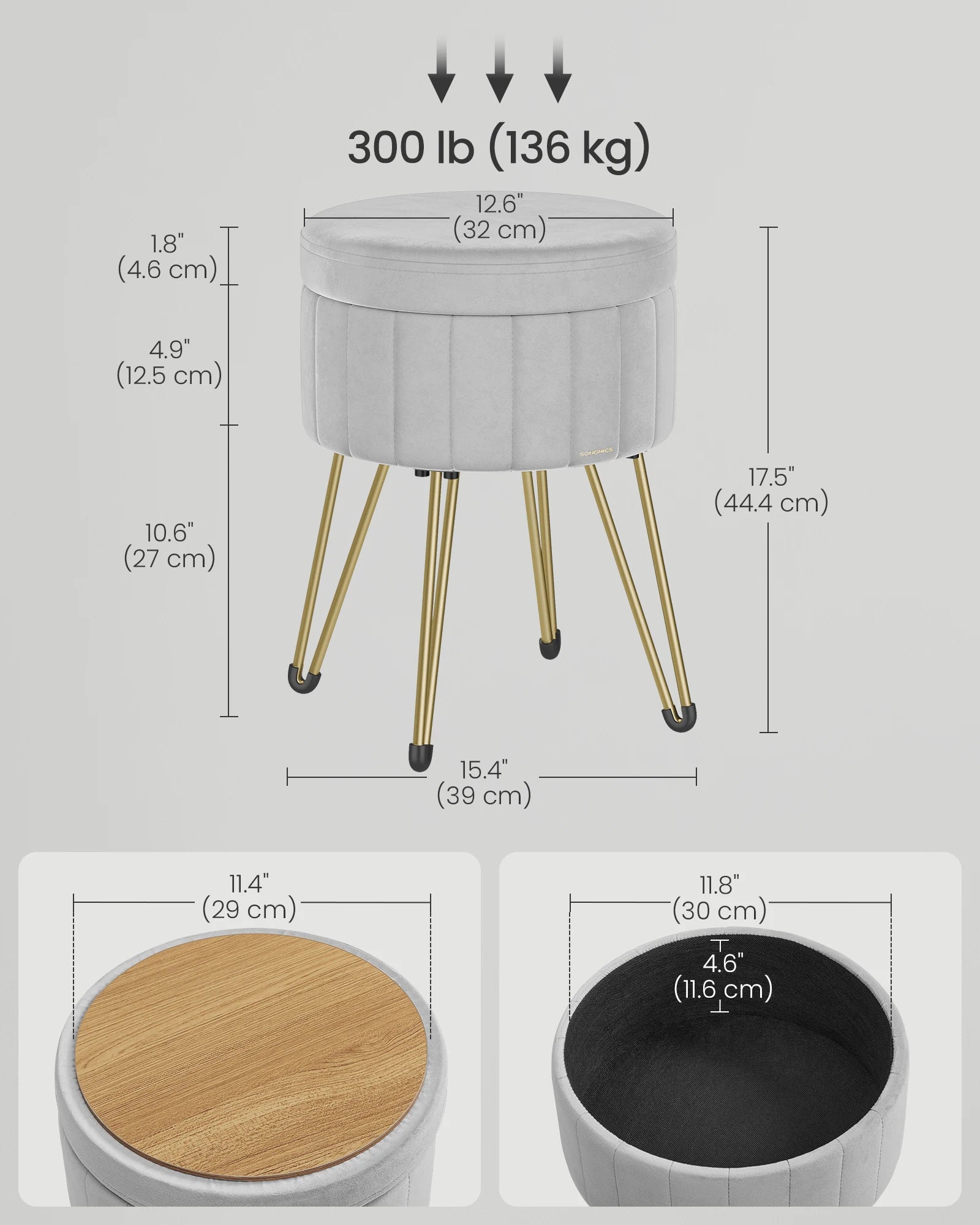 SONGMICS Vanity Stool Chair Velvet Makeup Stool With 4 Metal Legs For Room Living Room Bedroom Small Ottoman Stool With Storage