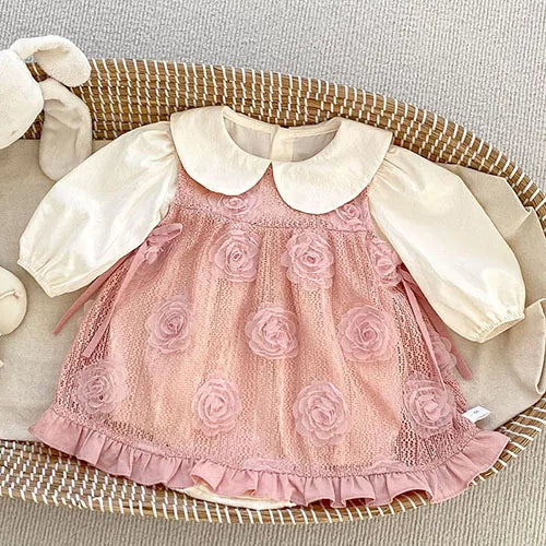 2024 New Autumn 0-24M Children Clothes Newborn Baby Girls Long Sleeved Cotton Bodysuits+Lace Dress Korean Style Climbing Suit