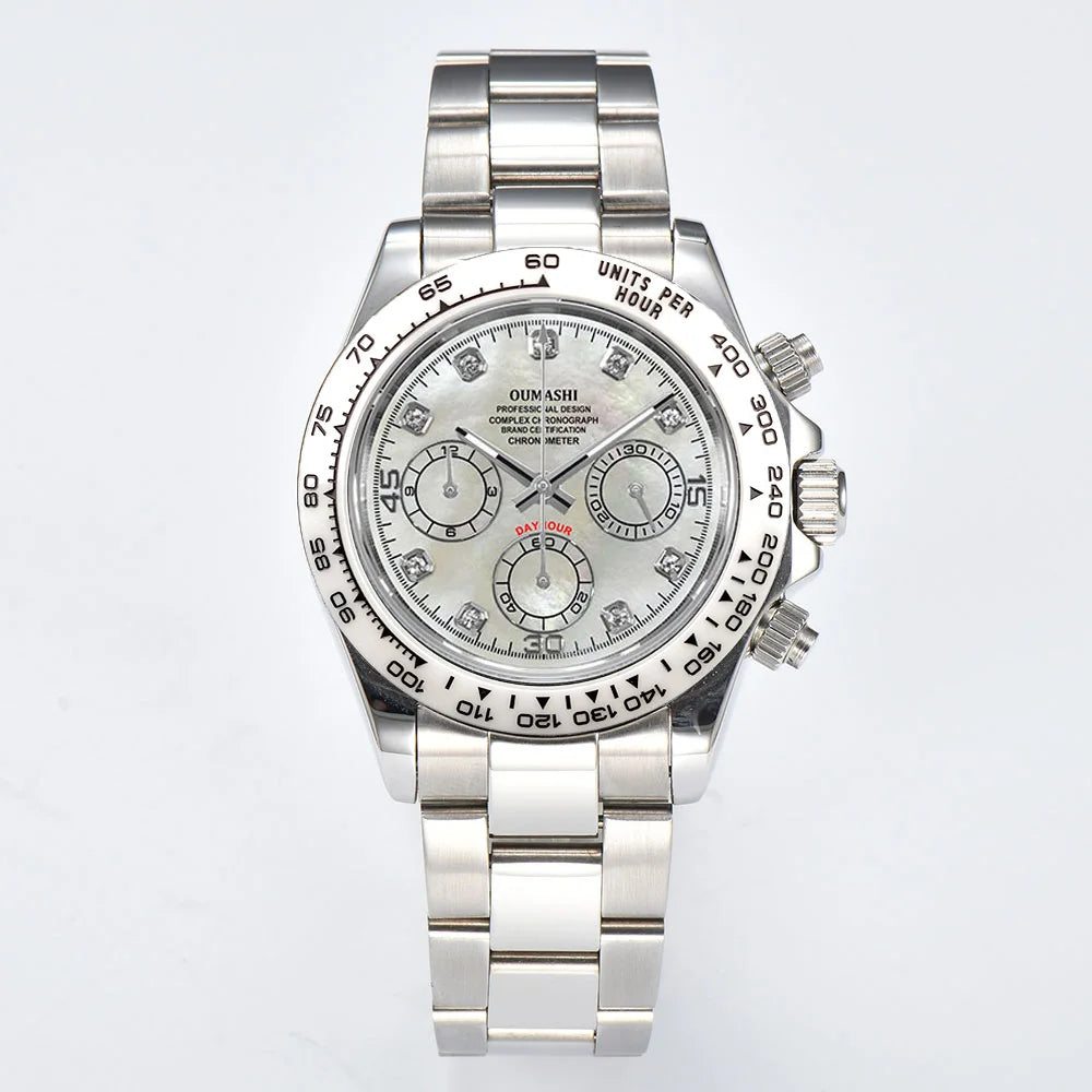 39mm Men's watch Shell Face Dial watch waterproof sapphire glass Stainless steel quartz watch VK63 movement Chronograph watch