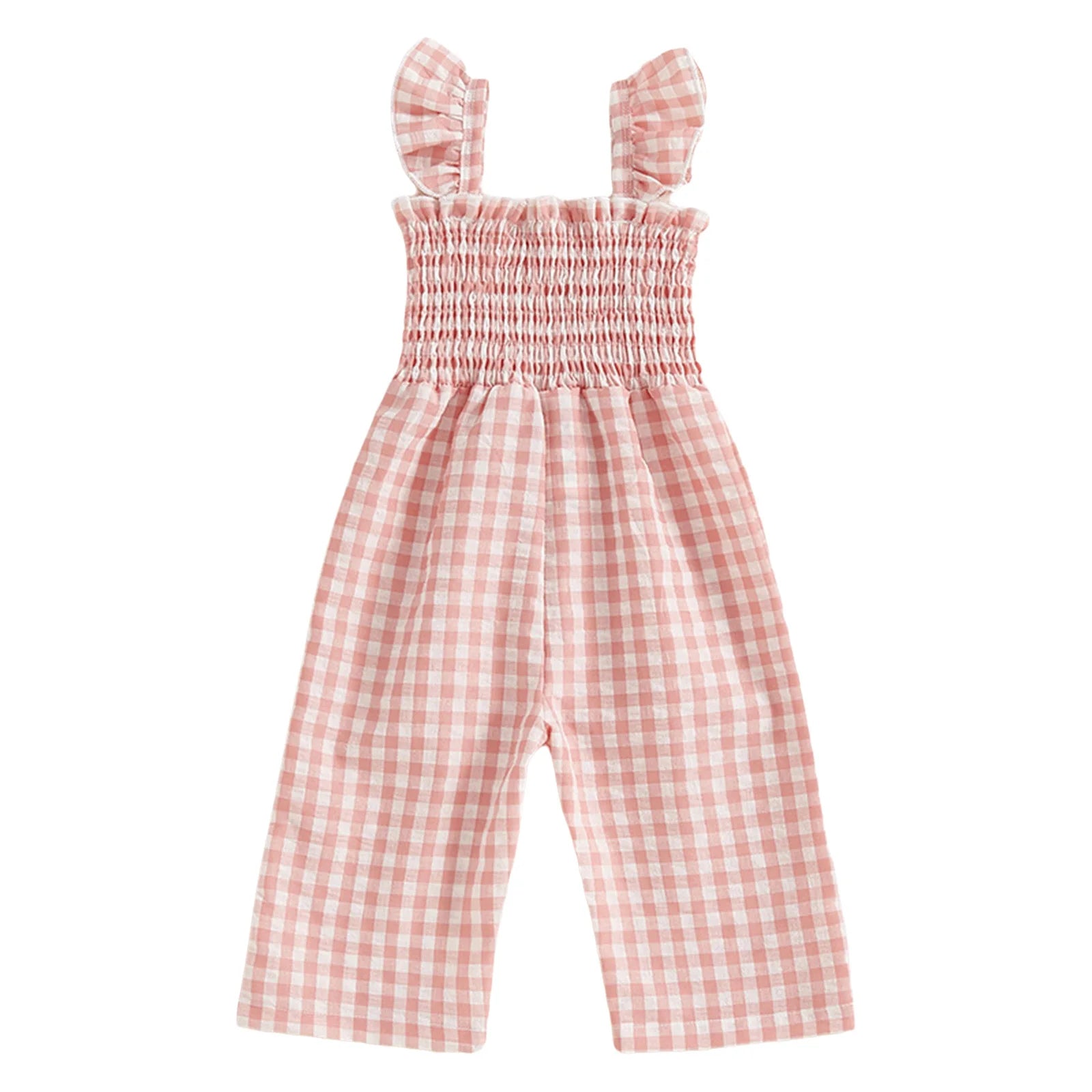 Toddler Baby Girls Summer Clothes Sweet Plaid Bodysuit Fly Sleeves Smocked Rompers Wide Leg Jumpsuit Holiday Party Daily Wear