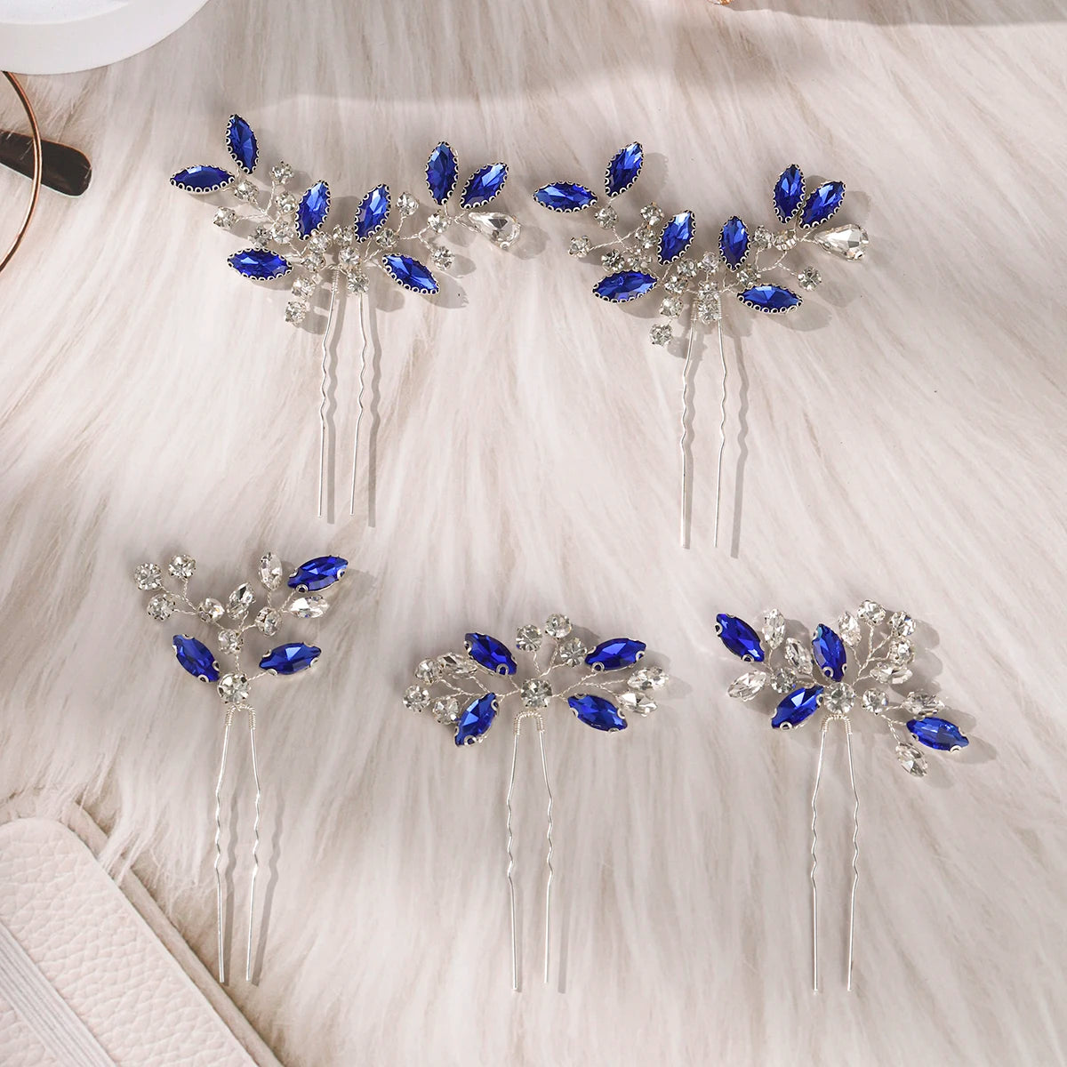 Blue Crystal Bride Elegant Hair Pins Fashion Leaves Rhinestones Hair Clips Headwear For Women Party Jewelry Hair Accessories
