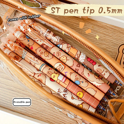 Cute Capybara Gel Pens - 6Pcs Kawaii Pen Set Quick-Drying Blue Erasable for Office School Kawaii Aesthetic Stationery