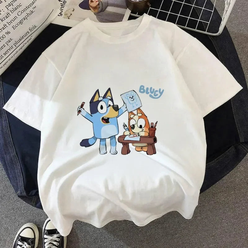 Cartoon Bluey T-shirt Summer FashionShort Sleeved Top T-shirt Boys Tops Summer Cartoon White Streetwear White Kids Tees