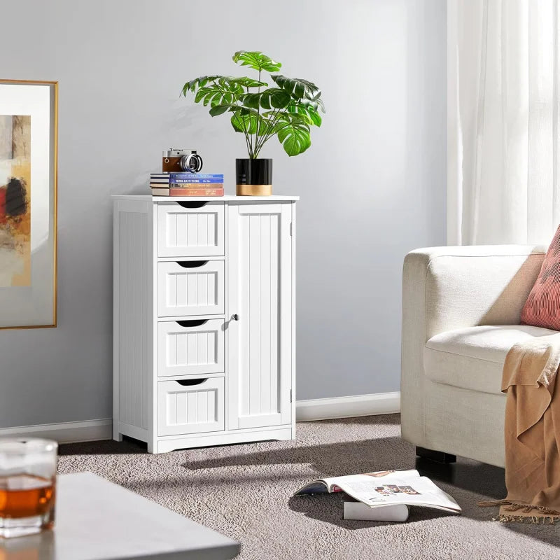 Wooden Floor Cabinet, Side Storage Organizer with 4 Drawers and 1 Cupboard, Freestanding Entryway Storage Unit Console