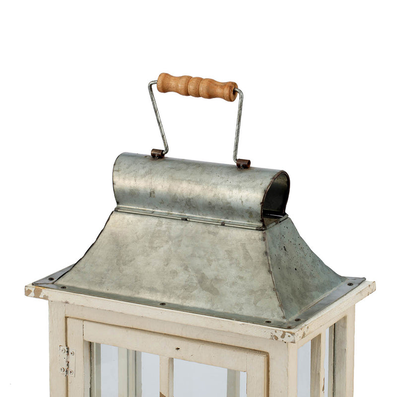Set of 2 Ivory Wood & Metal Hurricane Candle Lanterns