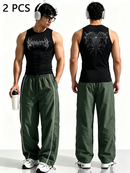 Men Gothic Style 2Pcs Outfit Graphic Sleeveless Tank Top Side Striped Loose Trousers Gym Street Casual Tracksuit