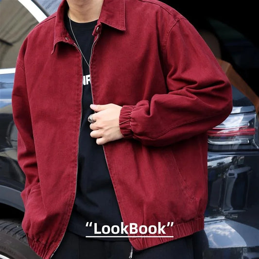Autumn 2024 Men's Casual Vintage American ey Jaet Wine Red Color Cleanfit Collar Harrington Coat Loose Fit Multi ket