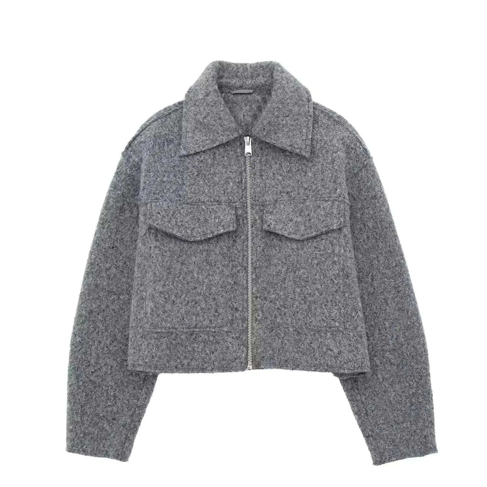 TRAFZA Women Elegant Solid Coat With Front Flap Pocket Zipper Long Sleeve Bomber Jacket 2024 Autumn Winter Casual Y2K Outerwear