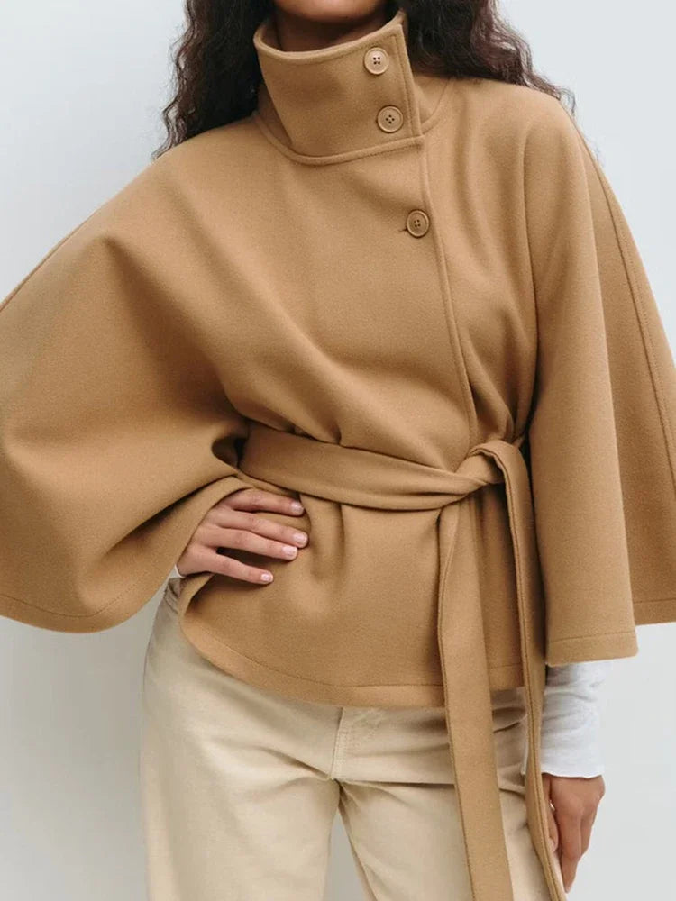 Stand Collar Sashes Patchwork Jackets, Women Autumn Winter Batwing Sleeve Chic Coats, 2025 Loose Holiday Solid Cloak Streetwear