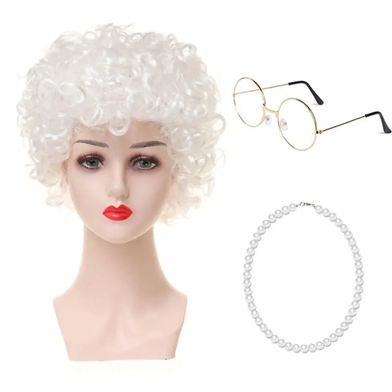 Granny Wig Cos Halloween Granny Curly Hair Charterer Stage Show Wig Cover Props