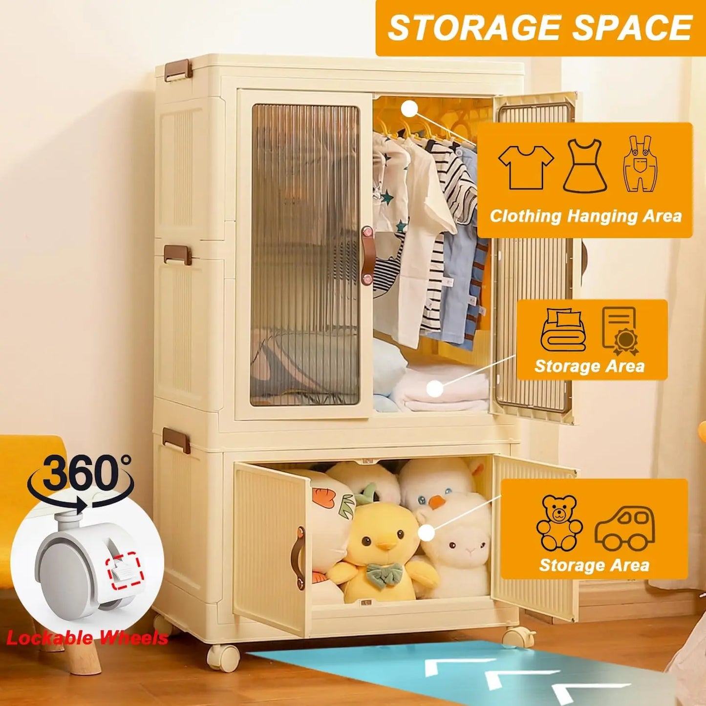 Foldable Wardrobe Cabinet with Wheels, Bardrobe 25''-2layer Clothing Storage Closet Organizer for Clothes, Books for Home/Office