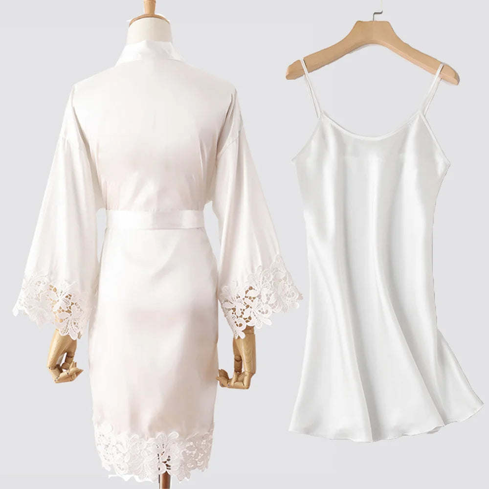 Sexy Lace Bride Bridesmaid Kimono Dresses Robes Women Home Gown Intimate Lingerie Wedding Robe Set Night Sleepwear Bathrobe 2PCS