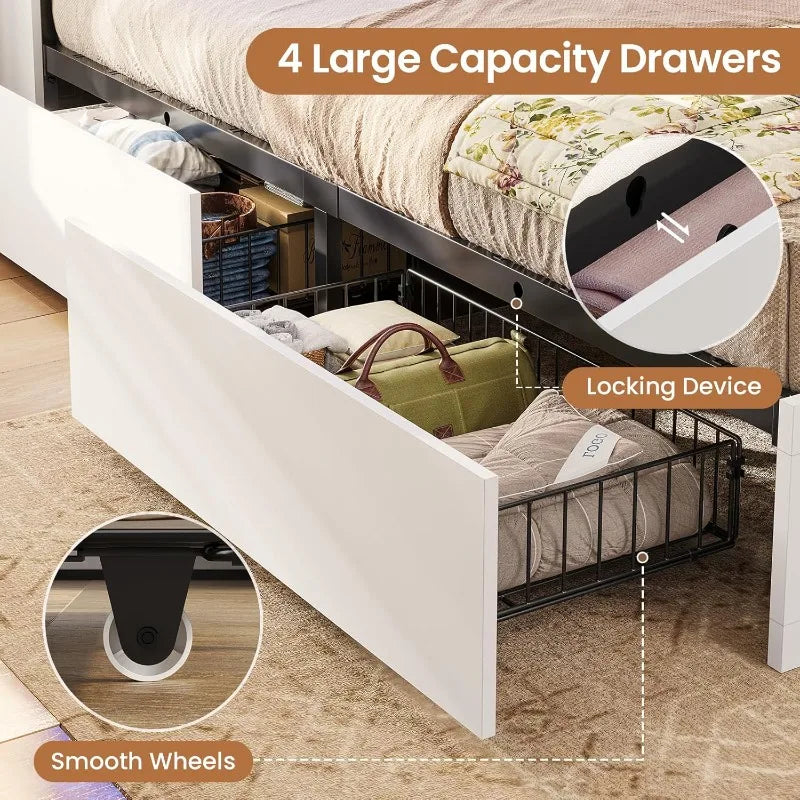 VIAGDO Farmhouse Bed Frame Queen Size with Bookcase Storage Headboard, Charging Station and LED Lights, Wooden Queen Bed Frame