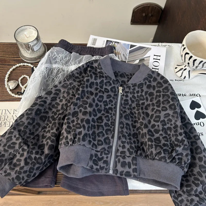 Korean Children Clothing 2025 New Autumn Girls Leopard Print Coat Children Stylish Fart Curtain Lace Flared Pants Two-piece Set