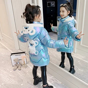 3 4 6 8 10 Years Girls Long Winter Down Jacket Cute Bear Coats For Girls Parkas Fashion Bright Hooded Child Waterproof Outerwear