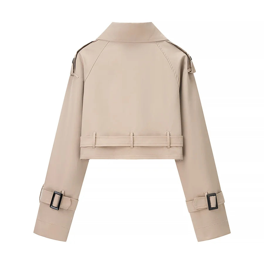 TRAFZR Women's Cropped Trench Coat khaki Long Sleeve Urban Solid Casual Classic fall outfit 2025 Trend Jackets female Outerwears