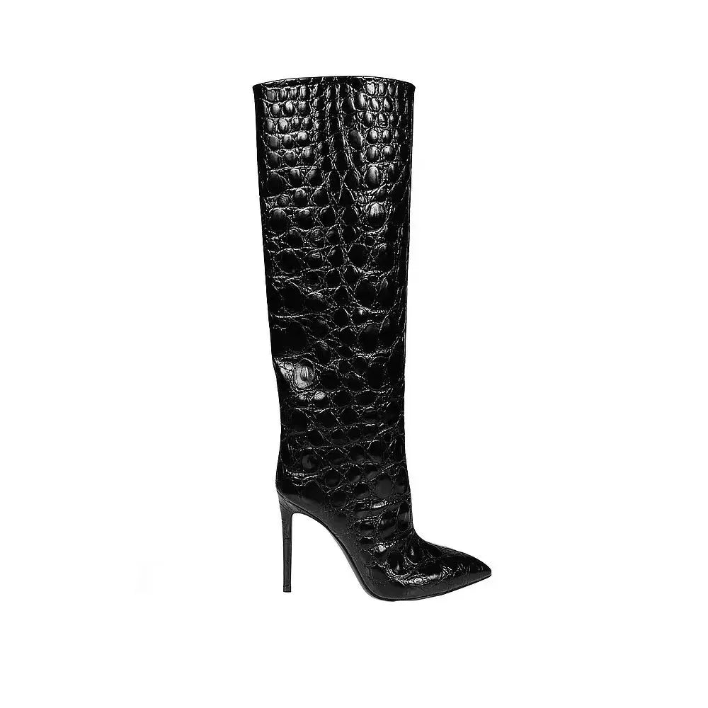 Sexy Serpentine Print Knee-High Boots Pointed Toe Solid Patent Leather Cover Heel Pleated Slip On Fashion 2024 New Arrivals