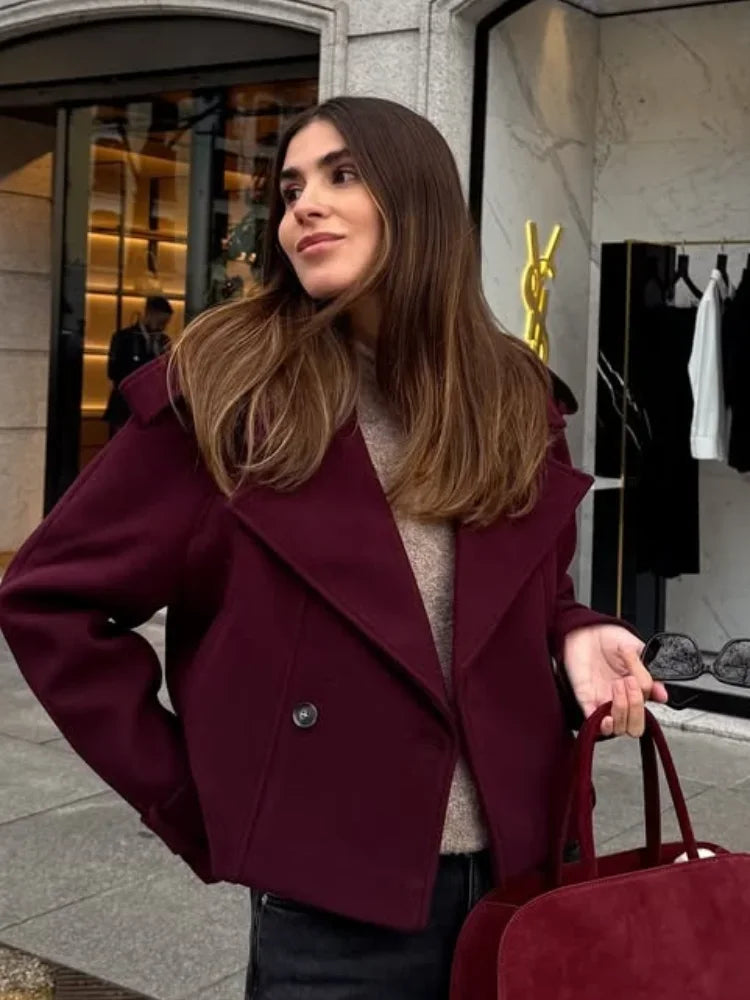2025 Burgundy Wool Coat Off Women Fashionable Short Double Breasted Lapel Long Sleeve Elegant Autumn Commuting Outerwear Offical