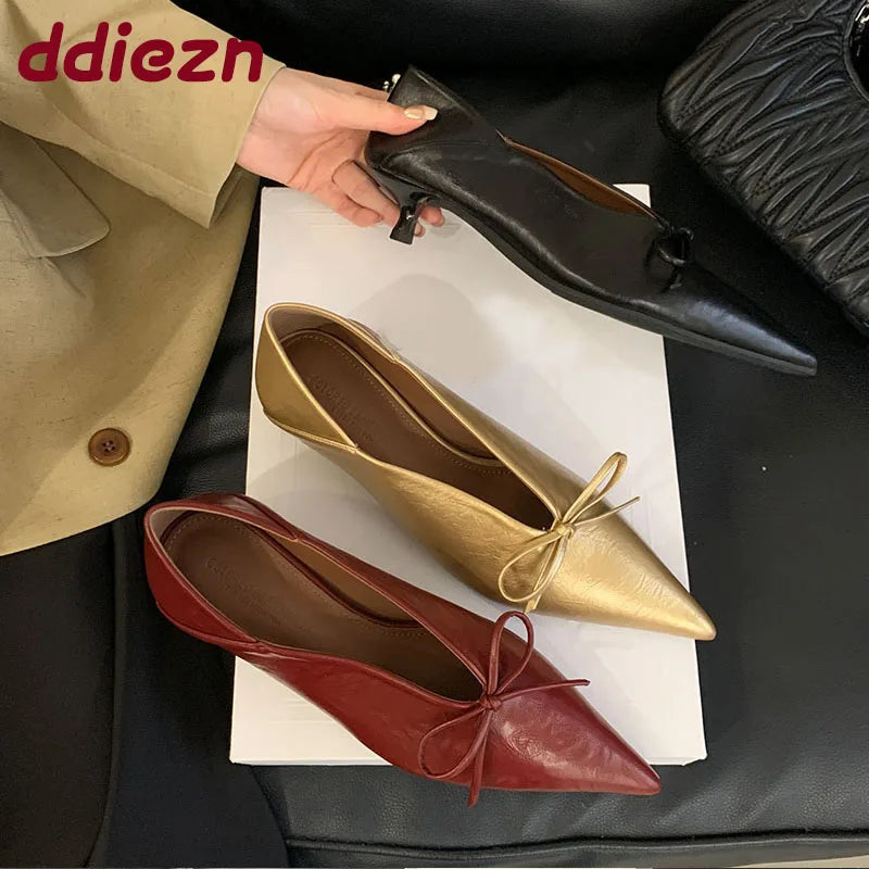 2025 New Fashion Butterfly-Knot Women Low Heels Pumps Shoes Shallow Female Slip On Footwear Pointed Toe Ladies Heeled Shoes