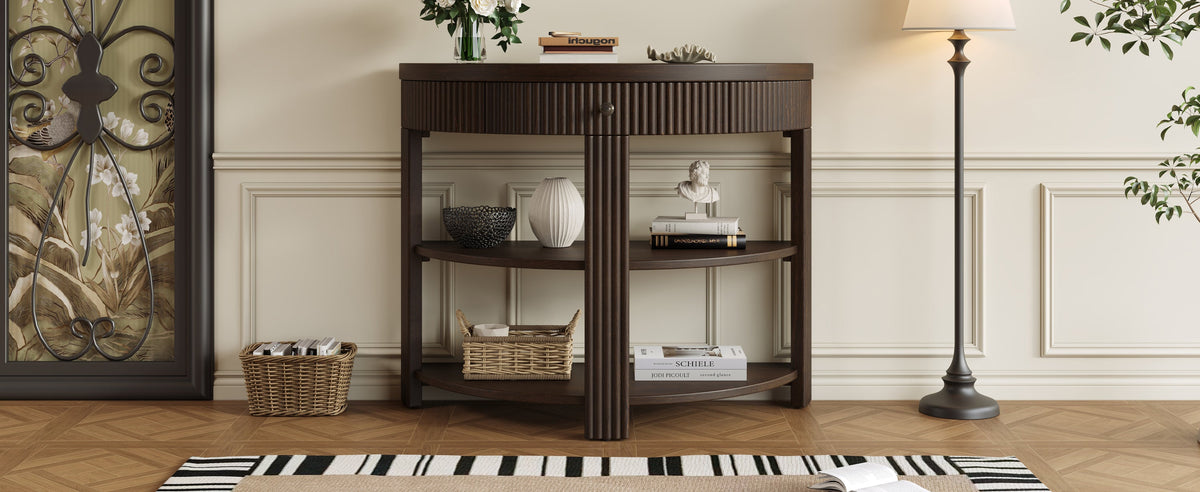 Fluted Half Moon Console Table with Drawer and 2 Shelves for Entryway,
