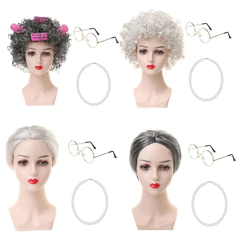 Granny Wig Cos Halloween Granny Curly Hair Charterer Stage Show Wig Cover Props