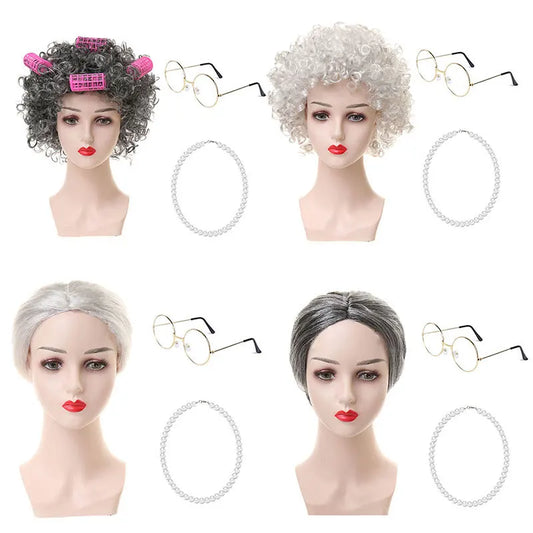 Granny Wig Cos Halloween Granny Curly Hair Charterer Stage Show Wig Cover Props