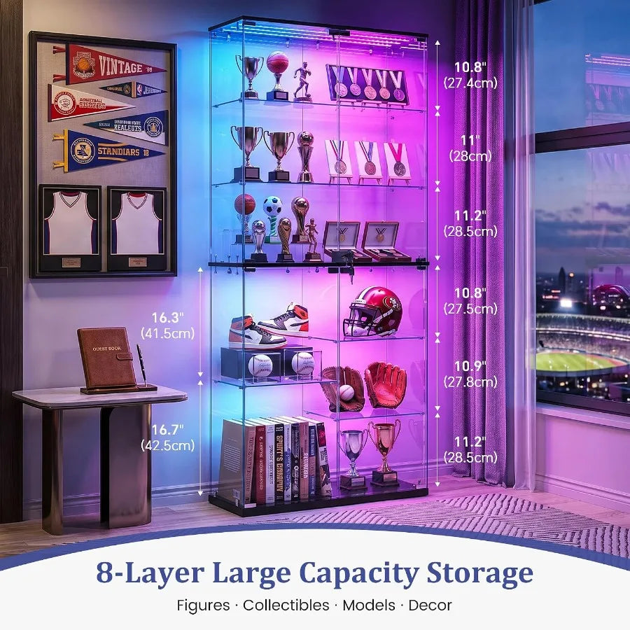 Full Glass Display Cabinet for Collectibles: Tempered Glass, Black, RGB Lights with Adjustable Brightness