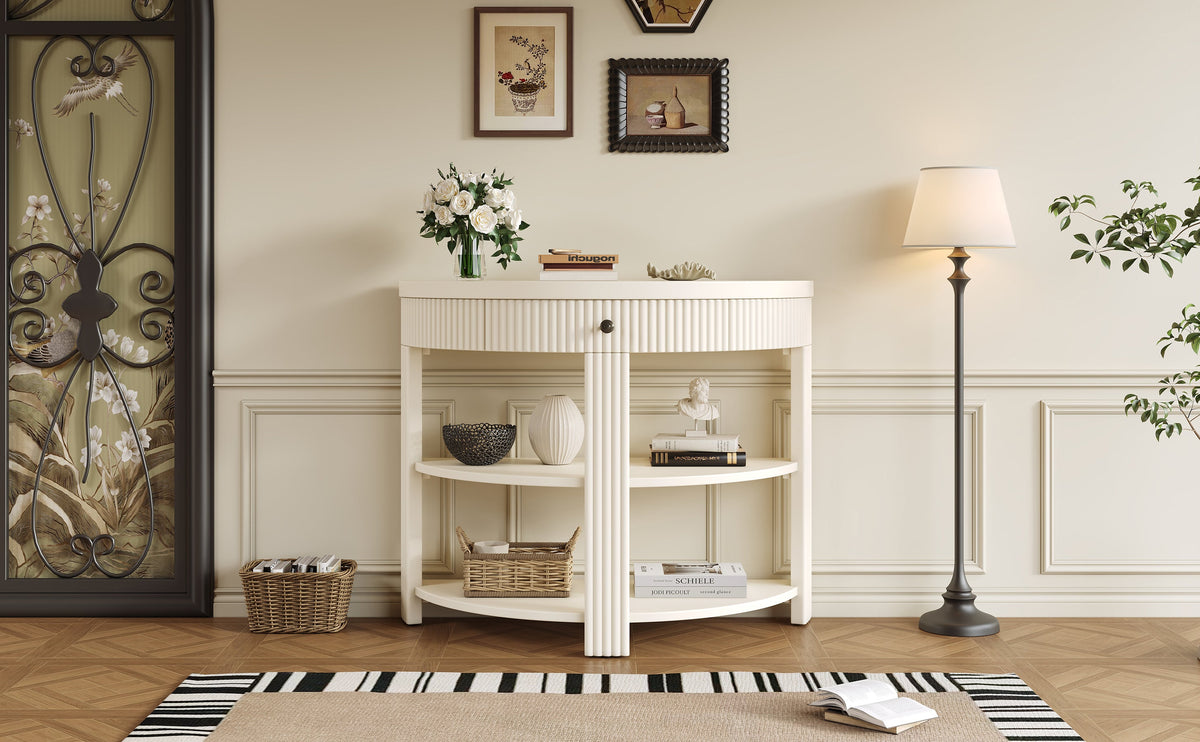 Fluted Half Moon Console Table with Drawer and 2 Shelves for Entryway,