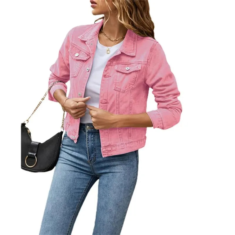New Women Short Denim Jackets Fashion Female Casual Long Sleeve Lapel Solid Button Pocket Slim Jean Jacket Fall Winter Coat