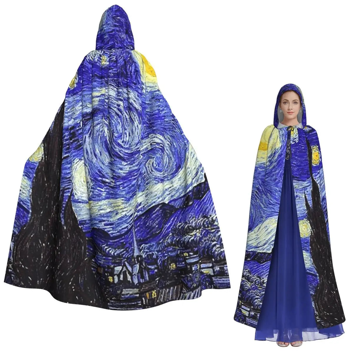 A Starry Night Van Gogh Mountain Inspiration Long Hooded Cloak Witch Medieval Costume Cosplay Cape HalloweenParty Adult Unisex
