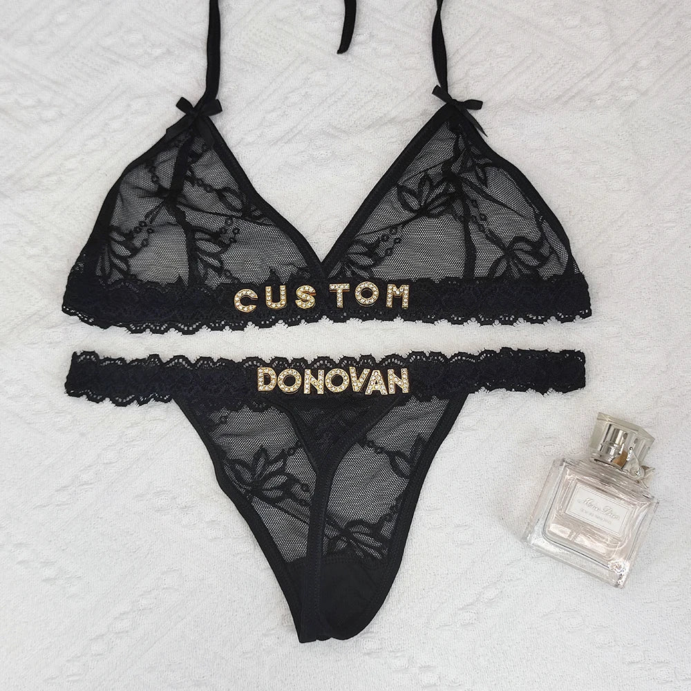 Custom Lingerie Set Name Thongs Bra Personalized Panties Bra Set With Name DIY Letter Charm Bikini Set Lace For Women Sexy Gift
