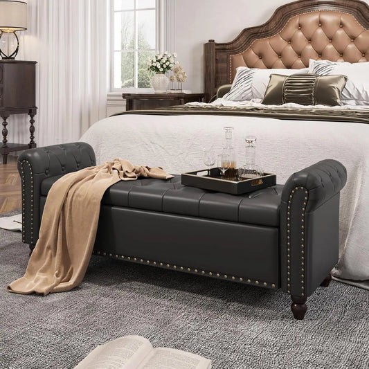 Bedroom Bench, End of Bed Bench with Storage, Bed Benches for Foot of Bed, Faux Leather Window Bench with Rolled