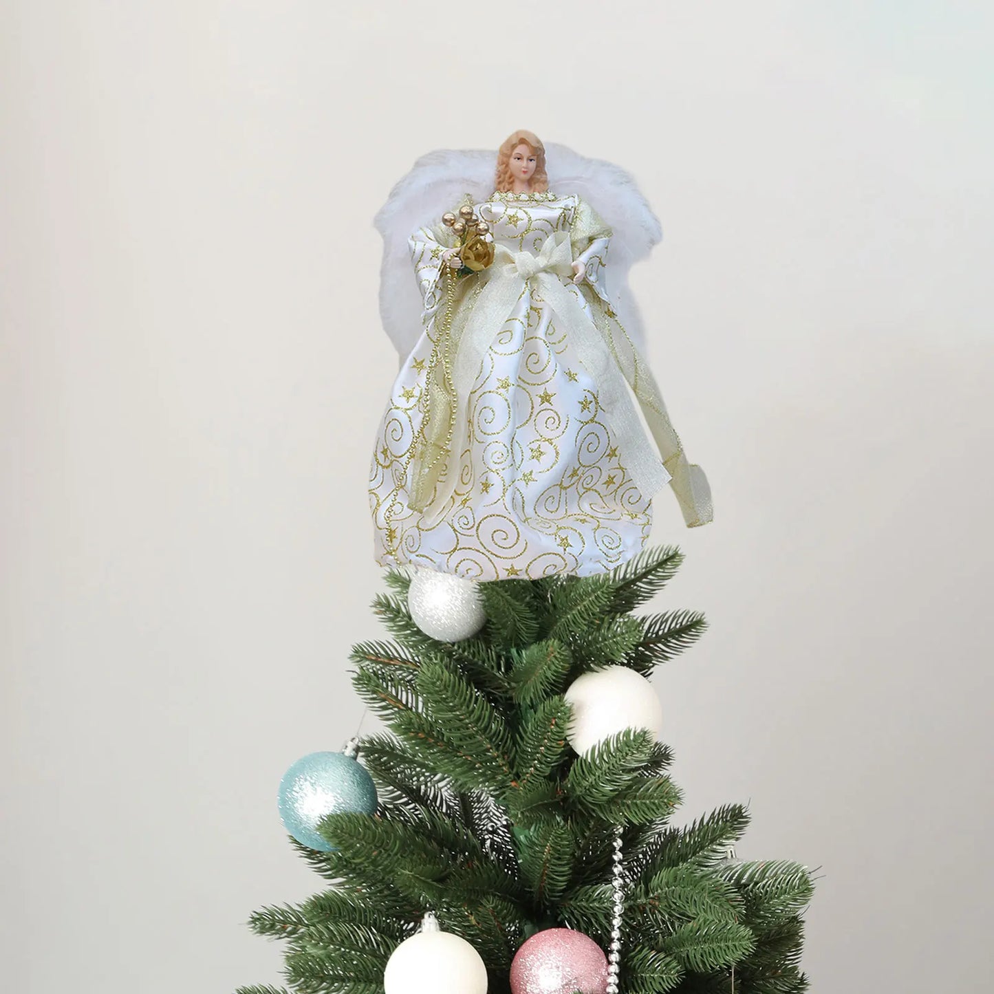 Angel Treetop Angel Figurine Delicate 12" Christmas Ornament Decoration Christmas Tree Topper for Shop Desktop Party Holiday