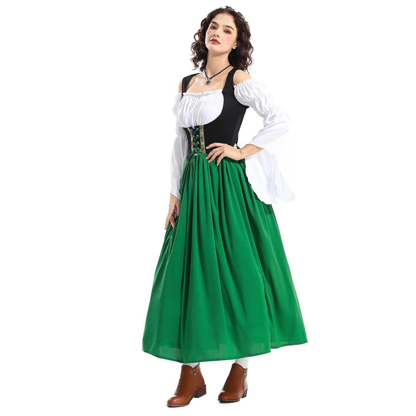 Vintage Halloween Women Maid Outfit Long Sleeve Cold Shoulder Patchwork Long Dress with Hair Scarf Cosplay Costume