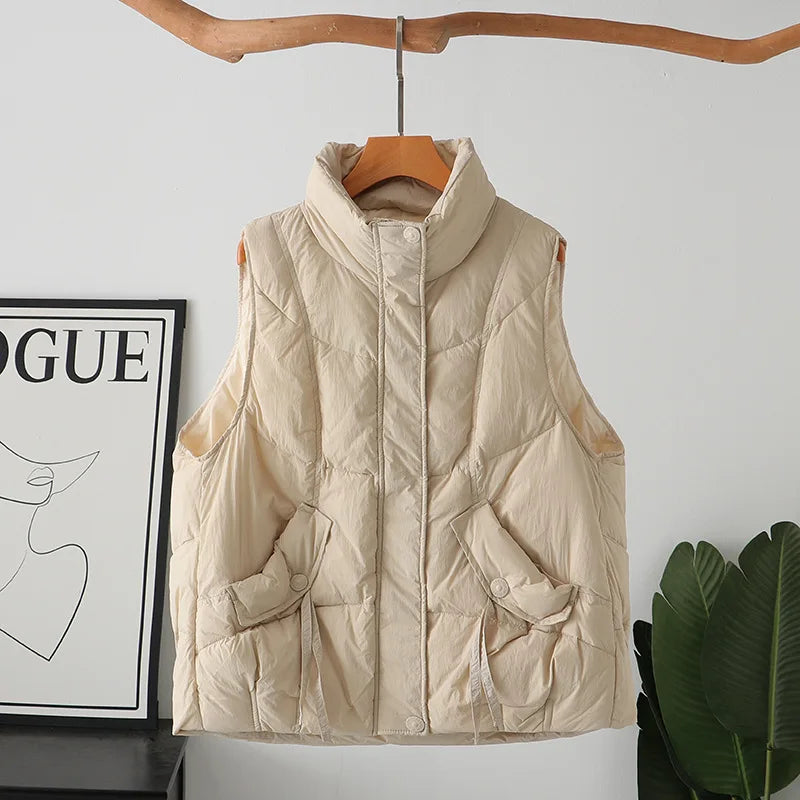 Plus Size Women Down Vest Winter New Loose Oblique Pocket Standing Collar 50% White Duck Down Warm Sleeveless Coat 1317