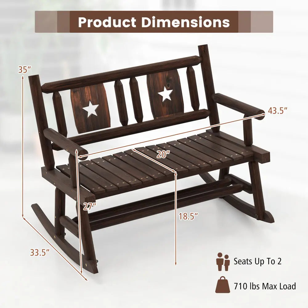 Patio Rocking Bench Carbonized Wood Double Rocker Chair w/ Ergonomic Seat