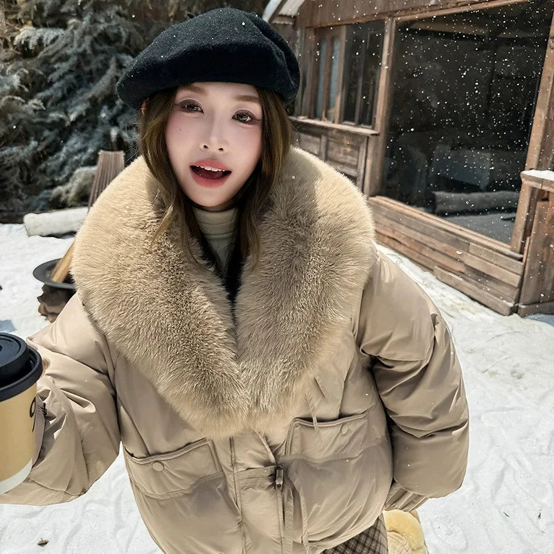 Winter Women Down Cotton Coat Street Imitation Fur Collar Hooded Short Cotton Padded Jacket Female Basic Snow Warm Overcoat 2025