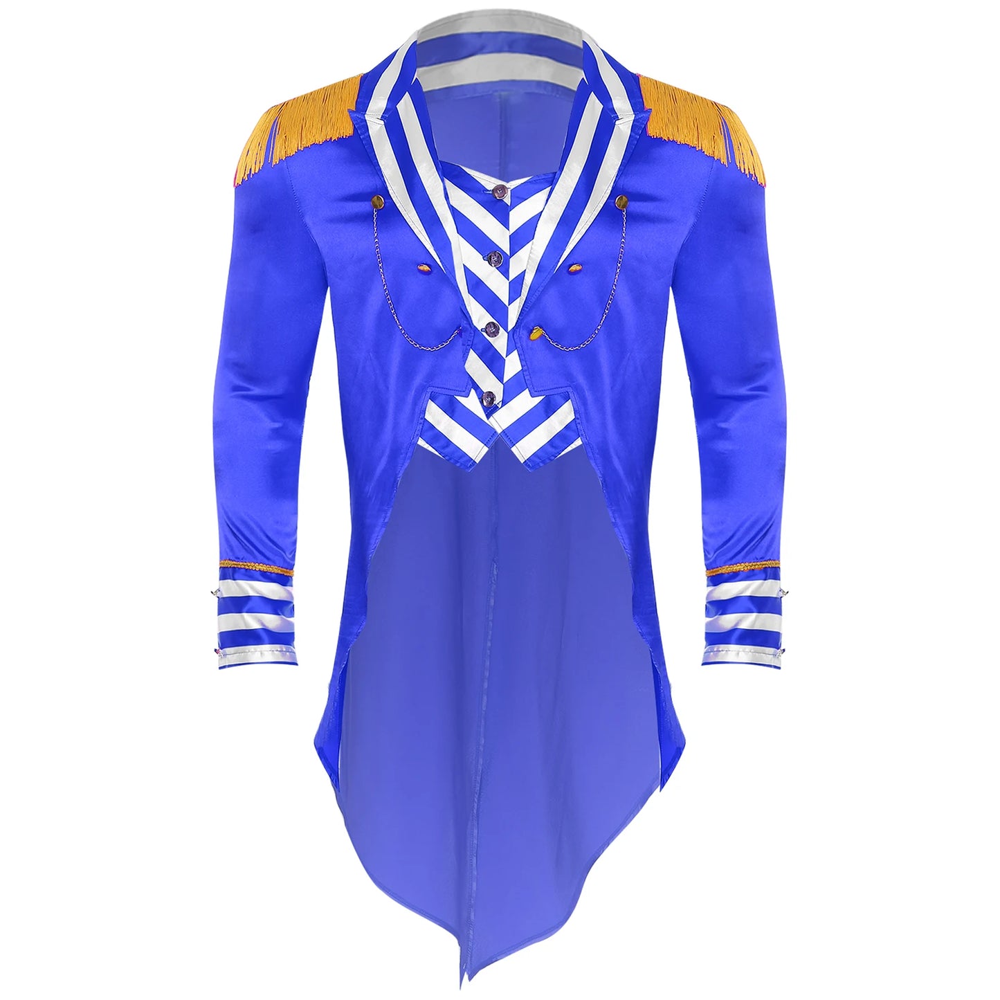 Men Circus Ringmaster Costume Halloween Lion Tamer Tailcoat Lapel Collar Long Sleeves Tassel Epaulets Satin Jacket Tail Coats