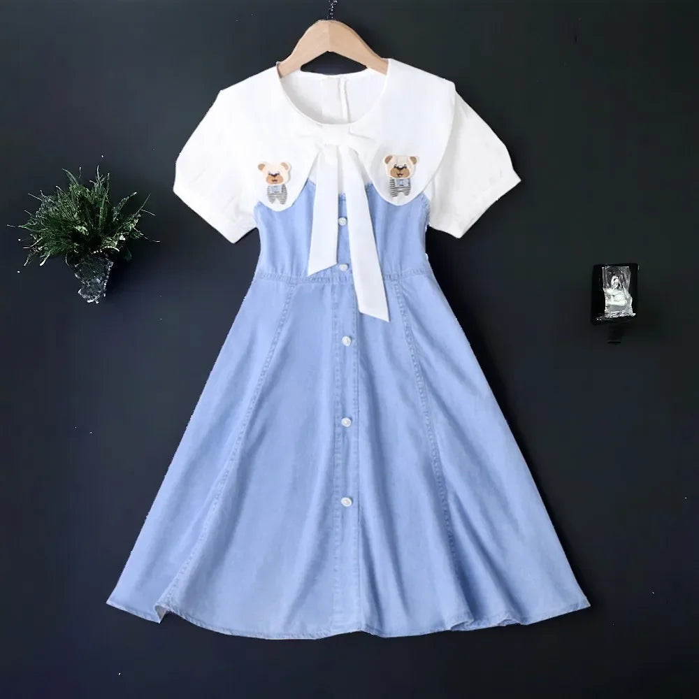 Summer Baby Girls Denim Dresses Blue Kids Outfits School Uniform Clothes Short Sleeve Dress Kids  Costumes 6 8 9 10 11 12 Years
