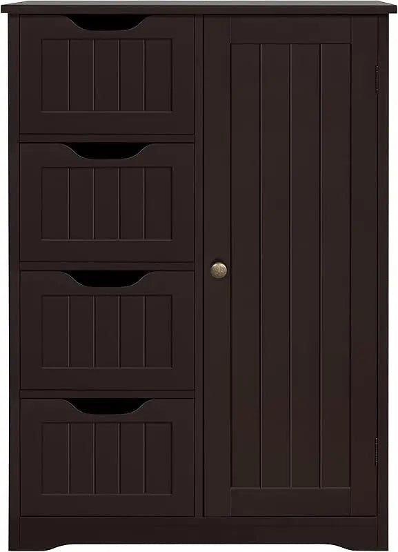 Wooden Floor Cabinet, Side Storage Organizer with 4 Drawers and 1 Cupboard, Freestanding Entryway Storage Unit Console